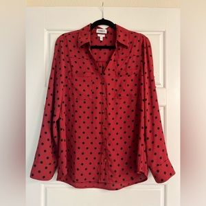 Express long sleeve red and black polka dot blouse